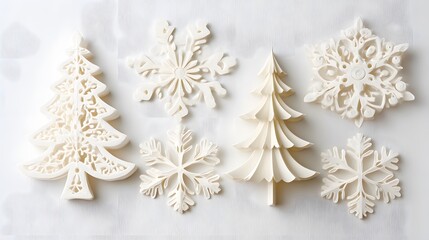 Artistic Christmas tree ornaments and snowflakes decorations on display, evoking the holiday spirit 