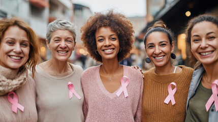 Breast cancer awareness march, group of diverse women holding pink ribbons, city street background.