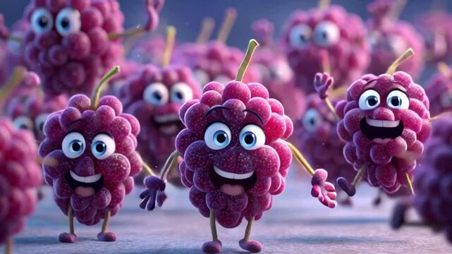 Playful 3D Cartoon Raspberries with Big Eyes and Limbs Cheering and Dancing on Pastel Pink Background for Fun, Family-Friendly Fruit Mascot Campaign

