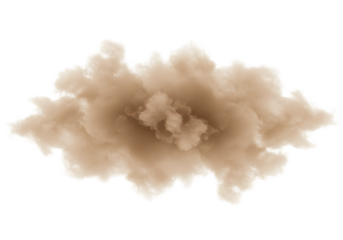A dense cloud of brown dust or smoke, centrally positioned against a clean white background, creating a sense of movement and suspension.