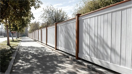 A peaceful urban scene showcasing a white wooden fence along a shaded sidewalk under a clear blue sky.