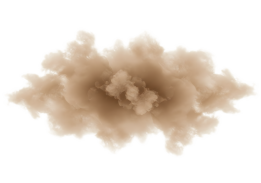 A dense cloud of brown dust or smoke, centrally positioned against a clean white background, creating a sense of movement and suspension.