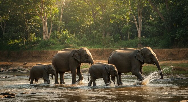 Family of elephants wading through river with sunlit forest backdrop, creating beautiful wildlife scene. - Powered by Adobe