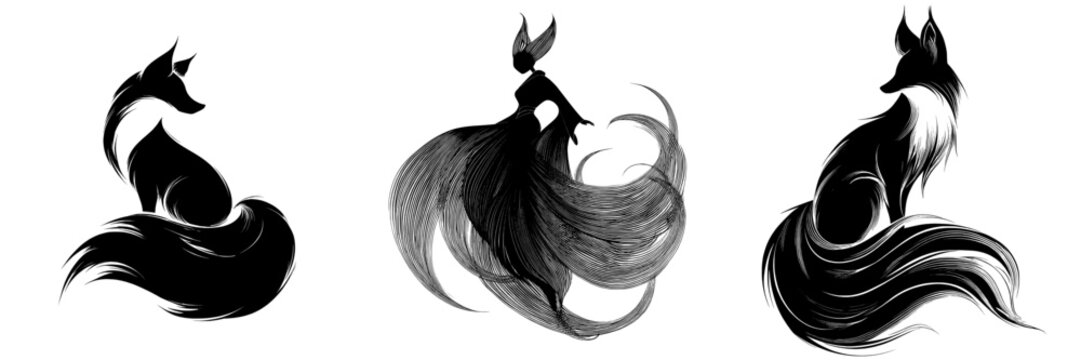 The kitsune silhouette is represented in this image as a black outline of a mythical fox with multiple tails, originating from Japanese folklore, embodying elegance and mystery through modern clipart