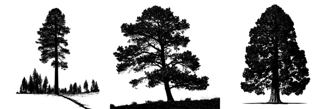 This image depicts the silhouette of a ponderosa pine, a tree recognized by its tall stature and evergreen leaves, in a modern clipart style