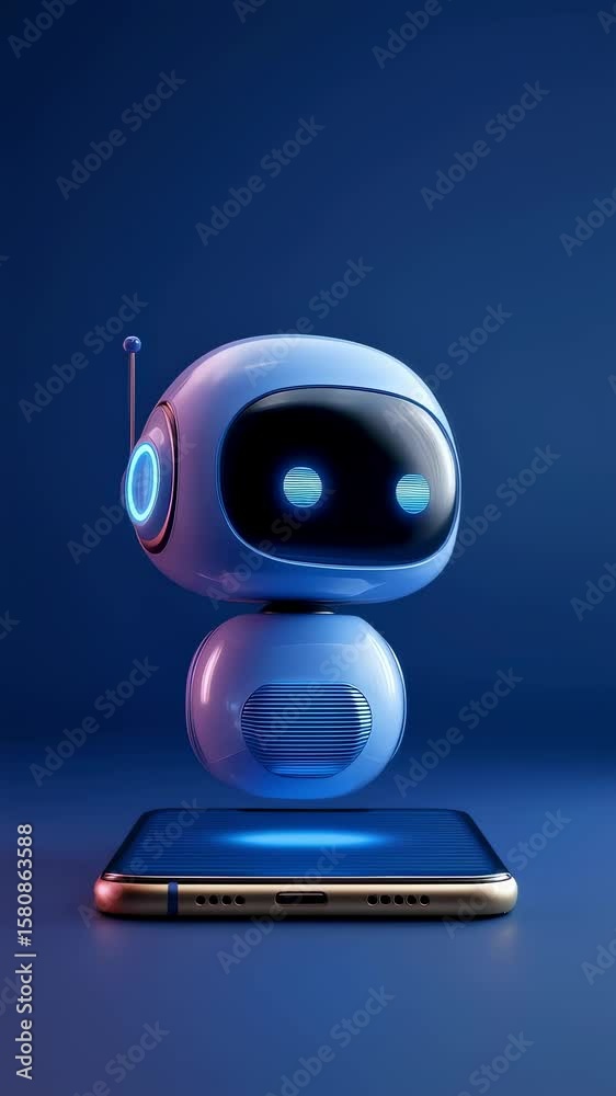 Wall mural levitating blue toy robot hovering near sleek smartphone, illuminated by dynamic color changing ligh