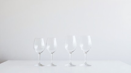 Fototapeta premium Elegant Still Life Four Empty Champagne Flutes Against Clean White Background