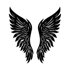 An angel wing silhouette is illustrated through modern clipart, showcasing a pair of black angel wings in a symmetrical, spread-out position, symbolizing heavenly grace, protection, and spirituality