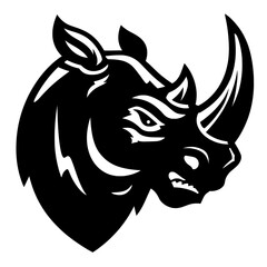 Fototapeta premium This image depicts a rhino head in black silhouette, complete with intricate horns and rough features, embodying power and the natural world, all presented in a contemporary clipart style