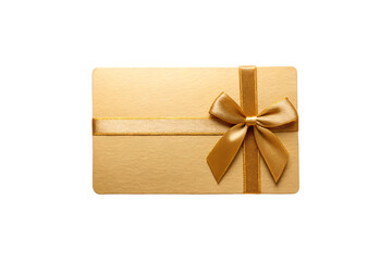 Golden gift card or voucher with elegant satin bow, premium present certificate design, isolated on a transparent background
