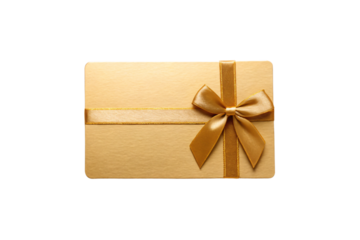 Golden gift card or voucher with elegant satin bow, premium present certificate design, isolated on a transparent background