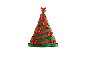 Festive Christmas tree crafted from intertwined green and red ribbons with multiple small bows, isolated on a transparent background