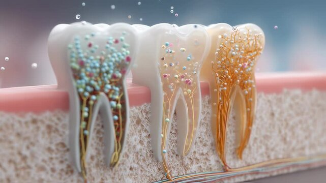 An engaging 3D visualization that contrasts a healthy tooth and one affected by decay. The animation features bacteria infiltrating the enamel illustrated as colorful pulsating microorganisms