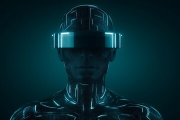 Futuristic virtual reality concept with led helmet on male figure