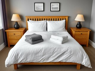 Cozy bedroom with wooden bed frame and white bedding featuring lamps and framed art