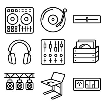 Audio icon counter beat crate record icons vector gear dj crossfader laptop