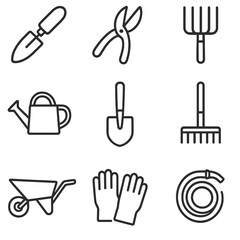 Wheelbarrow trowel vector hand hose gloves outline icon garden tools can rake