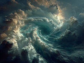 Obraz premium a swirling, turbulent cloud formation with a mix of dark and light clouds, creating a dramatic and intense atmosphere. The clouds are illuminated by a bright light source