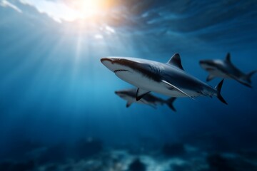 Fototapeta premium Great white sharks swimming in sunlit ocean depths