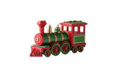 Festive toy train engine decorated in Christmas colors with detailed cab and smokestack, isolated on a transparent background