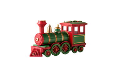 Festive toy train engine decorated in Christmas colors with detailed cab and smokestack, isolated on a transparent background