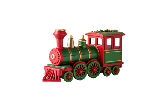 Festive toy train engine decorated in Christmas colors with detailed cab and smokestack, isolated on a transparent background