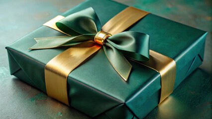 A luxuriously wrapped emerald green present tied with a shimmering gold ribbon and a delicate bow, a perfect gift for a special occasion.