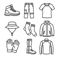 Shirt icon waterproof jacket hiking base vector gaiters icons gloves gear hat