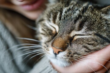 Close-up shows a tabby cat nestled contentedly in a person's arms