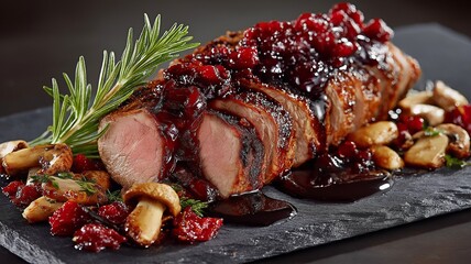 Barbecue deer haunch on a slate slab with cranberry sauce and mushrooms