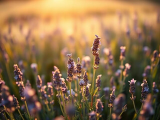  Small purple lavender flowers gently swaying in a field under warm summer sunlight. Soft focus, dreamy countryside atmosphere