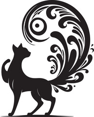Elegant Black Cat Silhouette with Ornate Floral Tail