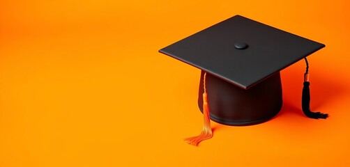 Black graduation cap, square academic hat, sits on vibrant orange background ,  orange background,  symbol