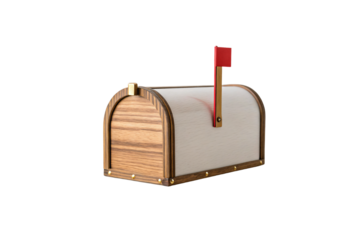 Natural wood mailbox with white sides and red flag, brass accents, isolated on a transparent background