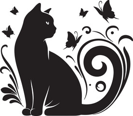 Elegant Black Cat Silhouette with Butterflies and Floral Design