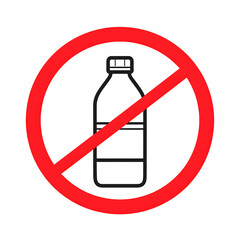 No plastic bottle icon. Simple line drawing of a bottle with a red prohibition circle and slash. Eco-friendly concept to reduce plastic use. Vector on white background.
