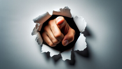 Pointing finger. A finger pointing forward comes through a ripped hole in white paper. Direct, focus, attention.