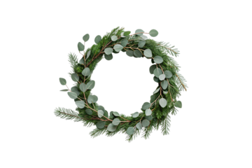 Christmas wreath with eucalyptus leaves and evergreen branches, natural holiday decoration, isolated on a transparent background