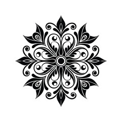 Intricate black floral mandala design with swirling patterns symmetrical white