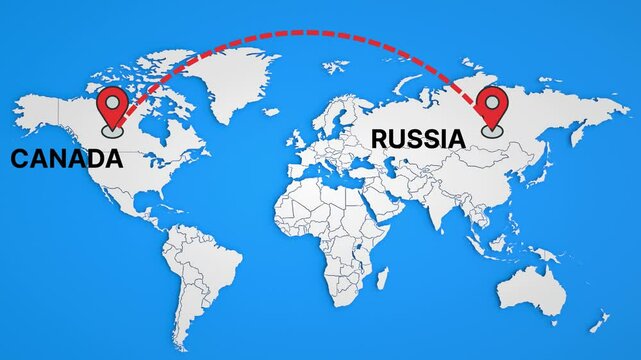 A vibrant blue 3D illustration of a world map with prominent continents canada to russia perfect for global travel and business geography, canda to russia destination map with arrow