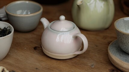Pink teapot, teacups, wooden table, tea leaves, tea ceremony