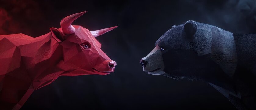 Low poly bull and bear face off in dramatic showdown