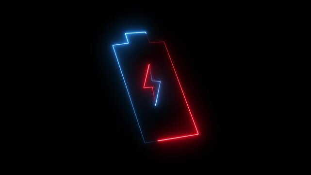 3d Digital lithium ion rechargeable battery symbol. Neon battery icon. battery charging concept, battery with electric power symbol animated on black background.
