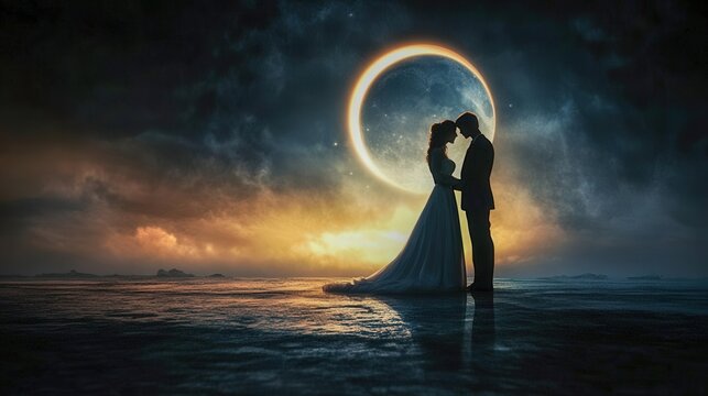 Wedding ceremony during a solar eclipse diamond ring effect over the Moon - Powered by Adobe