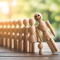 Obraz premium This image shows a set of wooden mannequins lined up in a row, with one figure slightly leaning toward a smaller figure, creating a playful and whimsical scene. The sunlight adds warmth, and the green