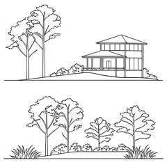 Architectural Drawings, Minimal style cad tree line drawing, Side view, set of section wetland forest outline for landscape design drawing. Vector illustration in separate element white bg            