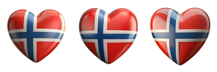Set For glossy hearts with the flag of norway isolated on transparent background
