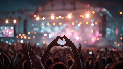 Hands making heart shape at concert. Festival lights for summer music. A lively crowd appreciates live performances. Background lighting on the stage.
