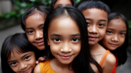 Obraz premium Group of happy and curious Filipino children looking at camera, copy space
