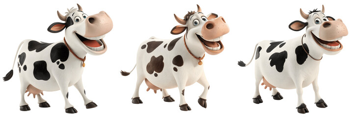 Set For cartoon cows happily stand isolated on transparent background